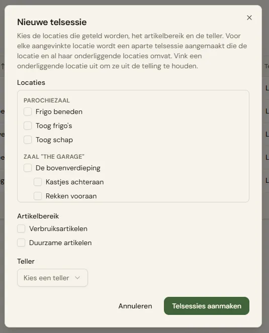 Het volledige formulier: de locatieboom, de checkboxes Artikelbereik en de teller-dropdown, met de knoppen "Annuleren" en "Telsessies aanmaken".