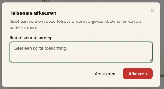 Het tekstveld "Reden voor afkeuring" met de placeholder "Geef een korte toelichting..." en de destructieve knop "Afkeuren".