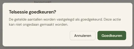 De bevestigingsdialoog met de waarschuwing dat de actie niet ongedaan te maken is, en de knoppen "Annuleren" / "Goedkeuren".