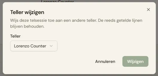 De teller-dropdown vooraf ingevuld met de huidige teller, en de knop "Wijzigen" (uitgeschakeld zolang er geen andere teller gekozen is).