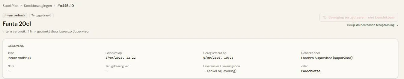 De detailpagina van een reeds teruggedraaide beweging: de badges "Intern verbruik" en "Teruggedraaid", de uitgeschakelde knop "Beweging terugdraaien · niet beschikbaar" en daaronder de link "Bekijk de bestaande terugdraaiing →".